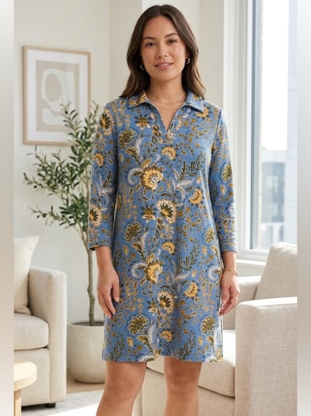 Kim Rogers Women’s Petite Large Blue & Yellow Floral Mini Dress